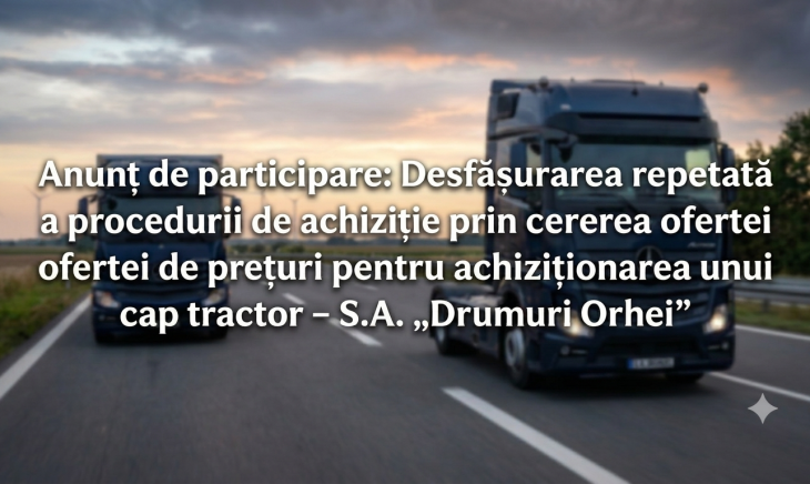Anunț de participare: Desfășurarea repetată a procedurii de achiziție prin cererea ofertei de prețuri pentru achiziționarea unui cap tractor – S.A. „Drumuri Orhei”